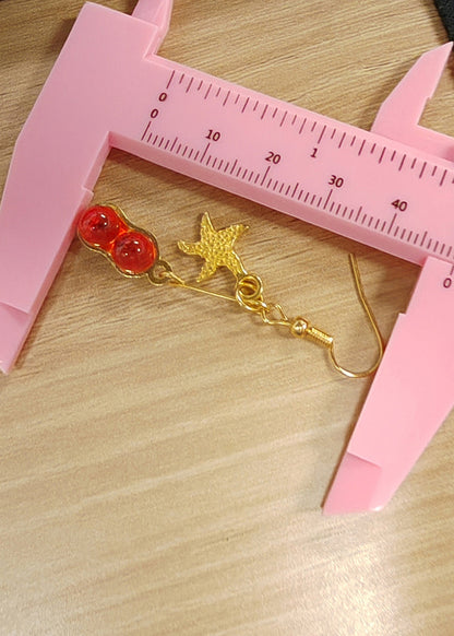 Red Gem Stone Starfish 14k Gold Drop Earrings