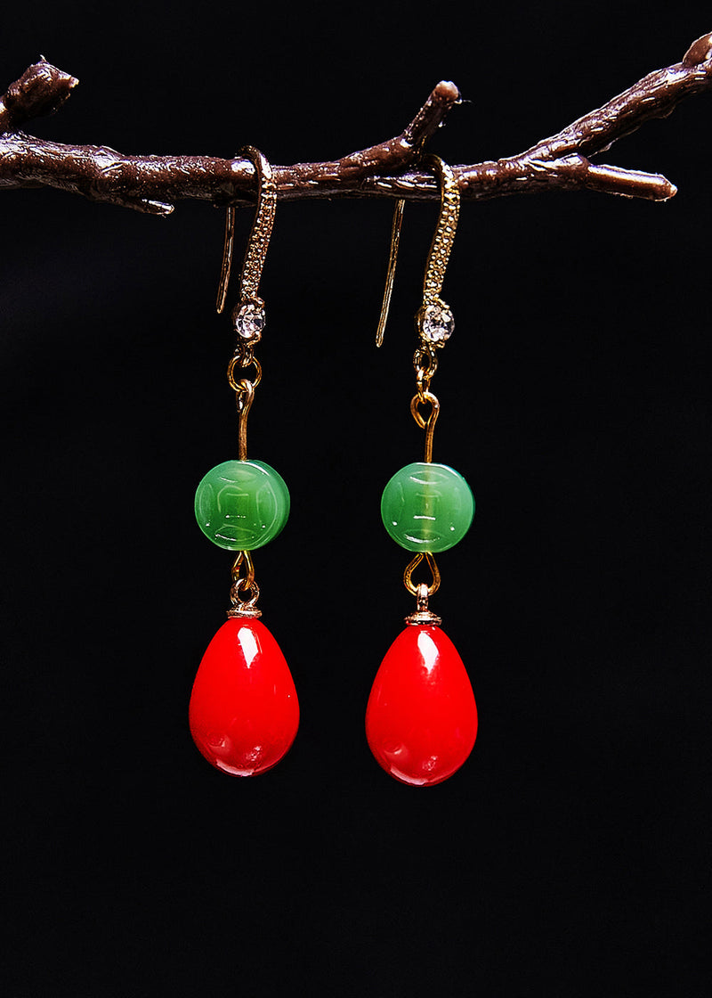 Red Water Droplet Coral Fine Jade Drop Earrings