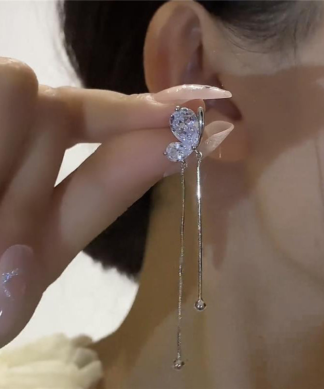 Silk Copper Zircon Butterfly Tassel Drop Earrings