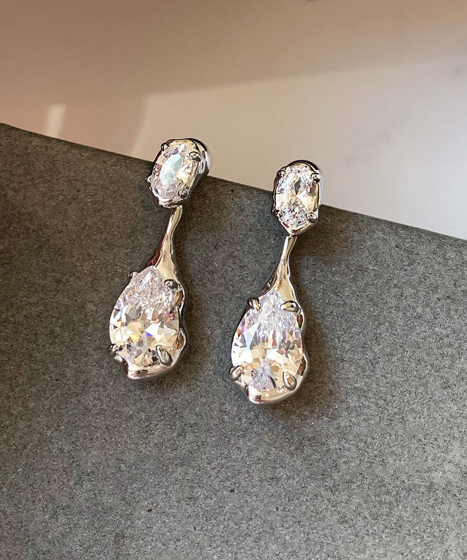 Silvery Teardrop Shape Sparkling Zircon Drop Earrings