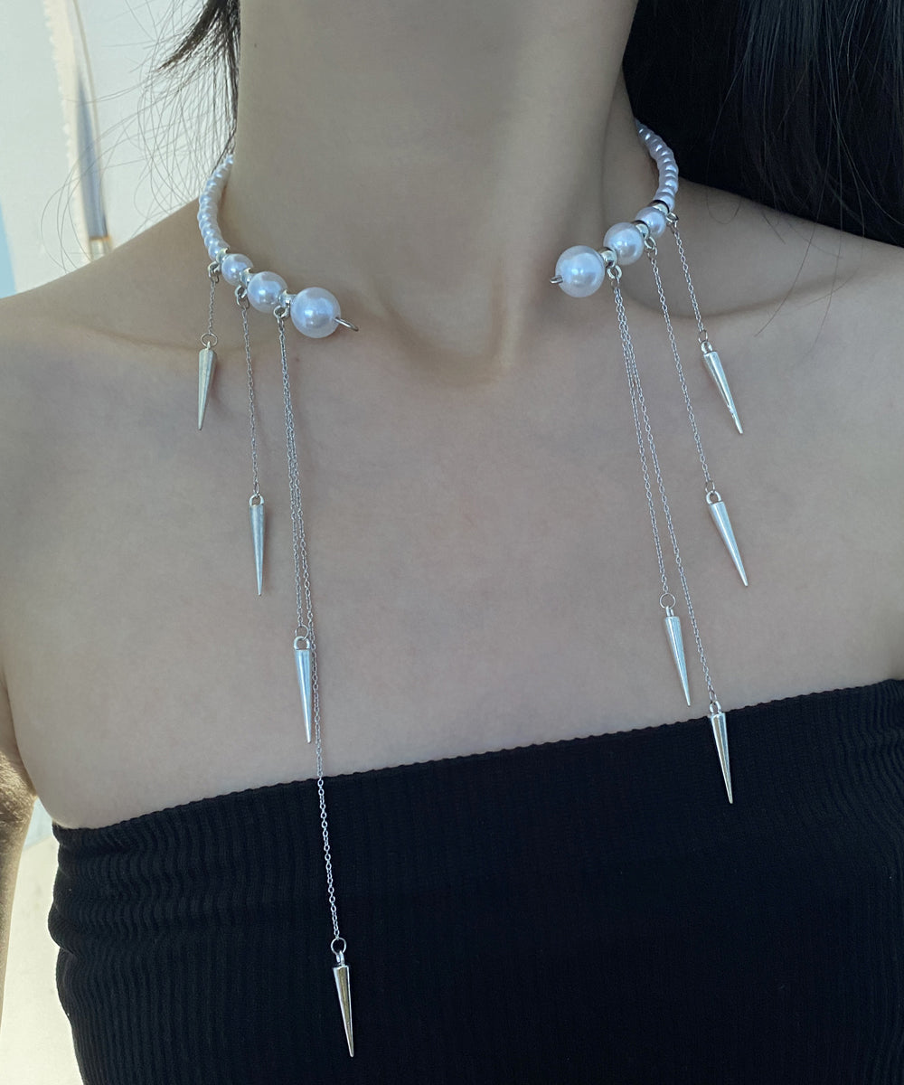 White Copper Pearl Beading Tassel Pendant Necklace