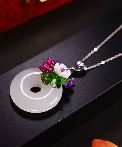 White Sterling Silver Jade Ping Buckle Pendant Necklace