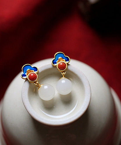 White Sterling Silver Overgild Jade Agate Enamel Auspicious Cloud Drop Earrings