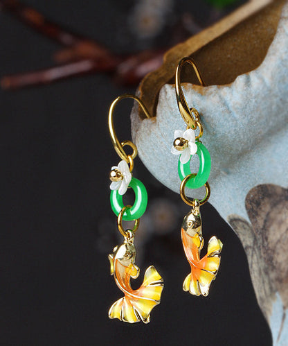 Yellow Green Cloisonne Shell Flower Chalcedony Goldfish Drop Earrings
