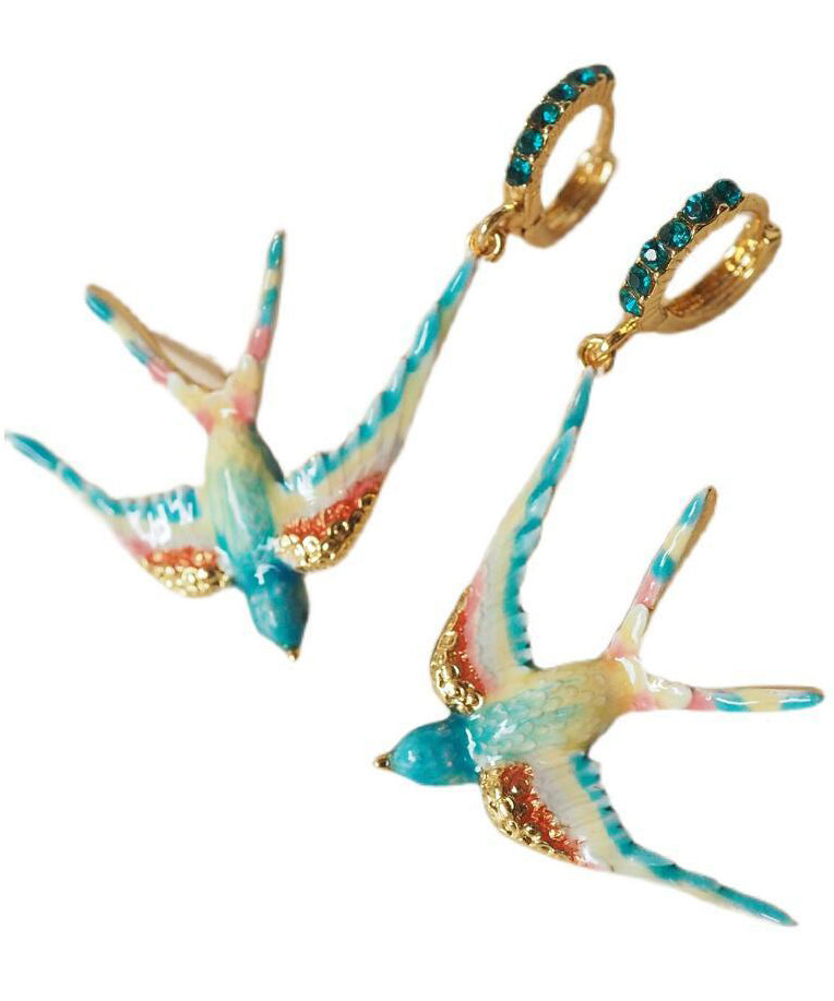 Rainbow Copper Alloy Enamel Gem Stone Swallow Drop Earrings