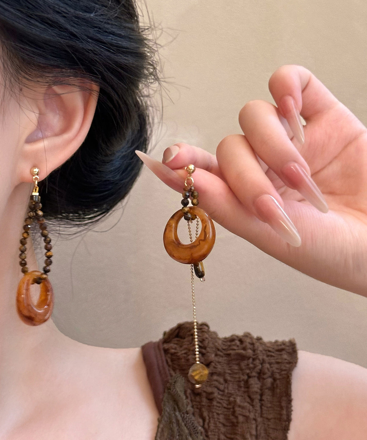 Brown Alloy Gem Stone Petal Tassel Asymmetric Drop Earrings