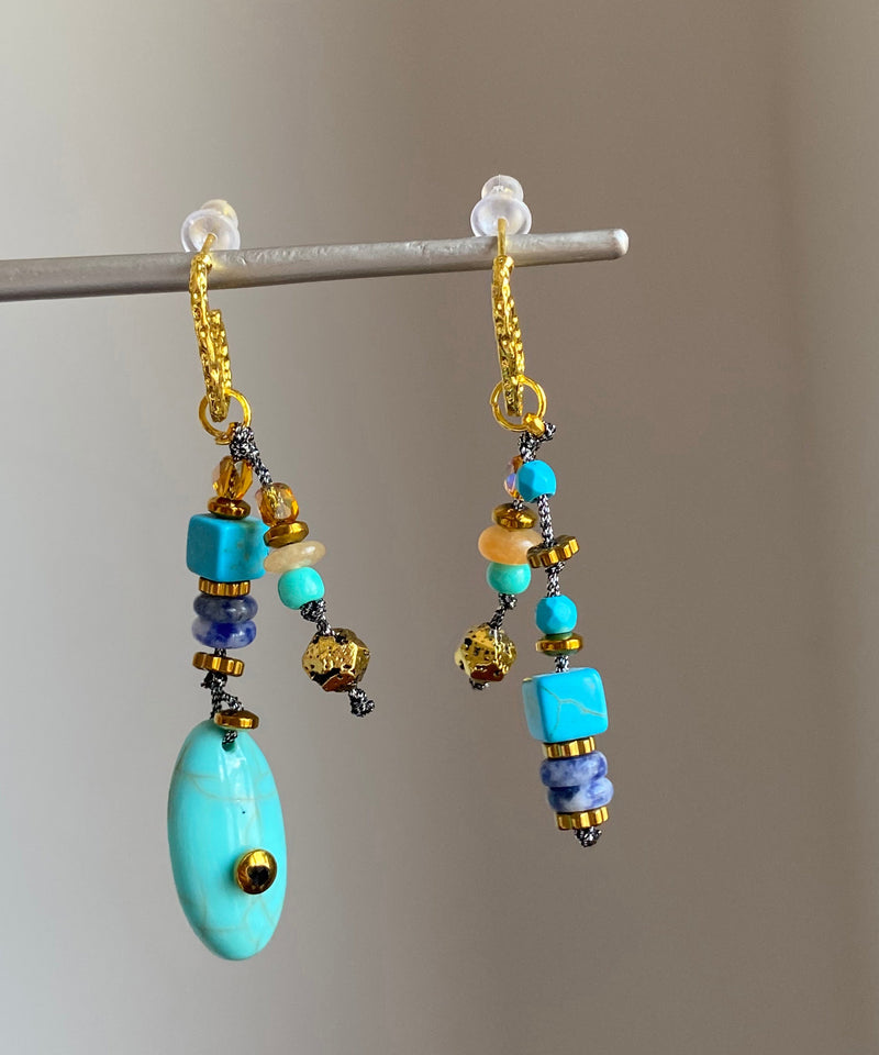 Copper Overgild Asymmetrical Natural Stone Drop Earrings