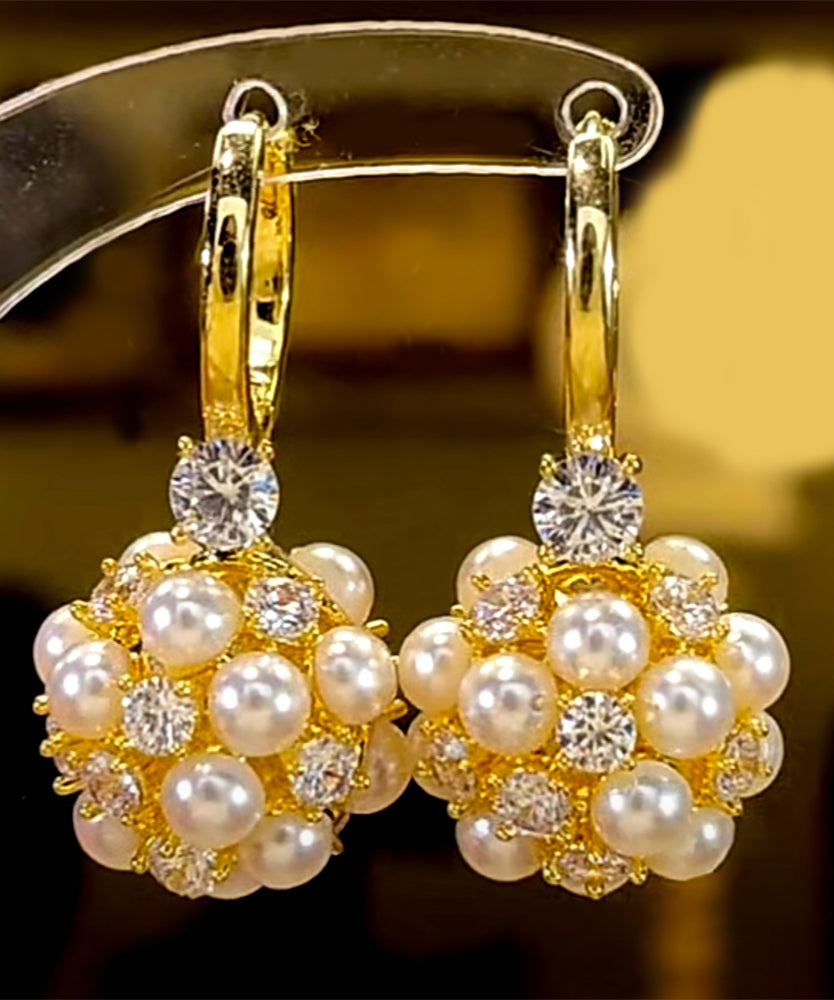 Gold Alloy Pearl Zircon Drop Earrings