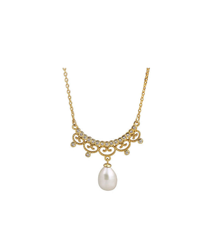 Gold Alloy Zircon Leace Pearl Pendant Necklace