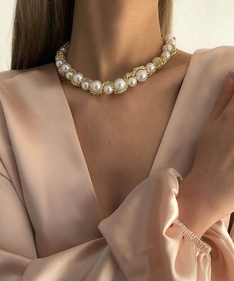 Bead Gold Copper Gratuated Pearl Alloy Necklace