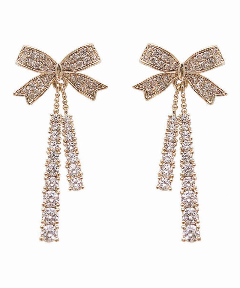 Gold Sterling Silver Alloy Zircon Bow Tassel Drop Earrings