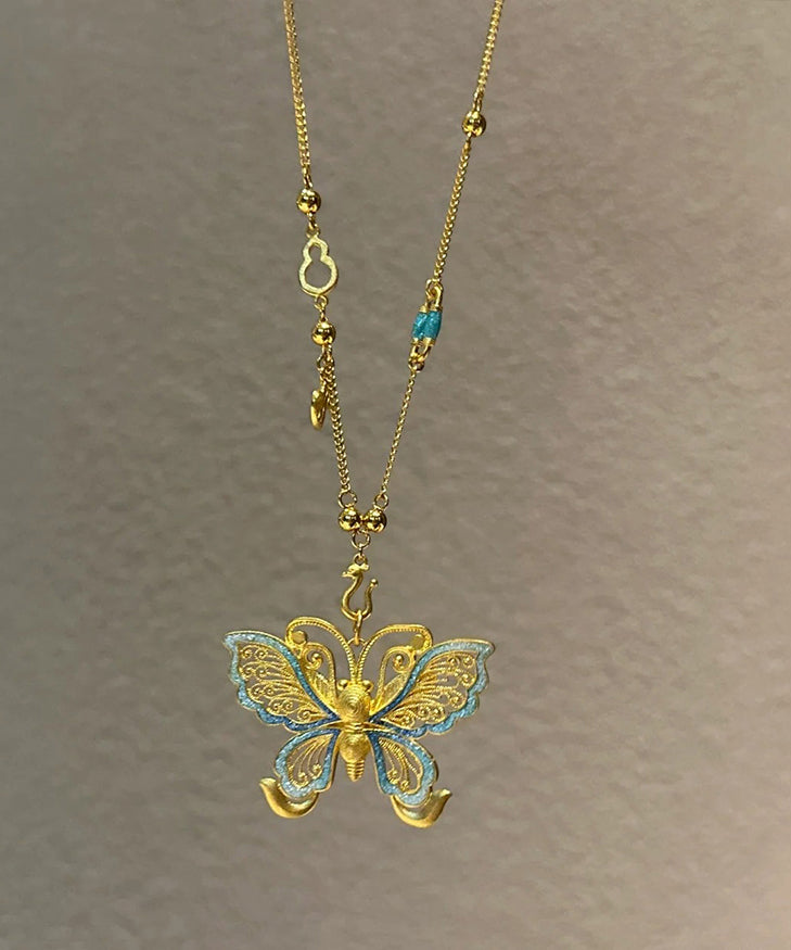 Gold Sterling Silver Overgild Butterfly Hollow Out Pendant Necklace Po056