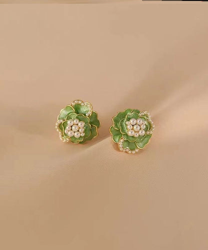 Green Sterling Silver Copper Pearl Stud Earrings Tw1030