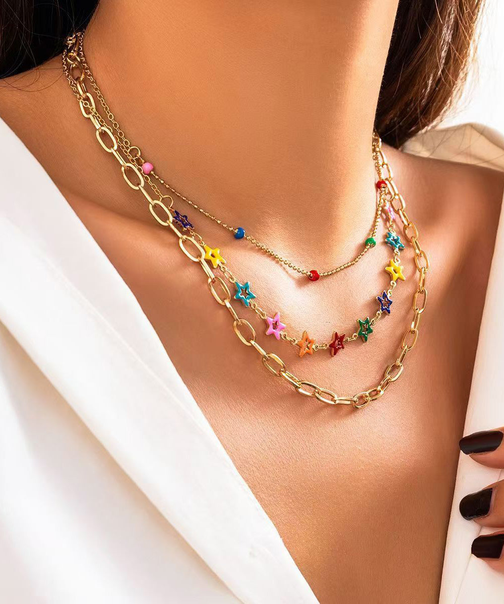 Rainbow Alloy Beading Broken Silver Love Three Piece Set Princess Necklace Rg014