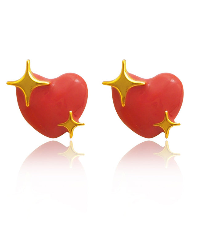 Red Patchwork Copper Heart Stud Earrings