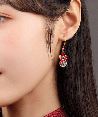 Red Sterling Silver Agate Cloisonne Rabbit Drop Earrings