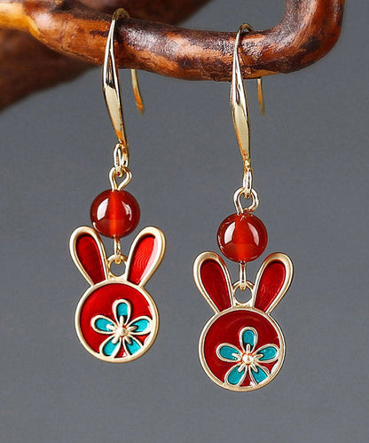 Red Sterling Silver Agate Cloisonne Rabbit Drop Earrings