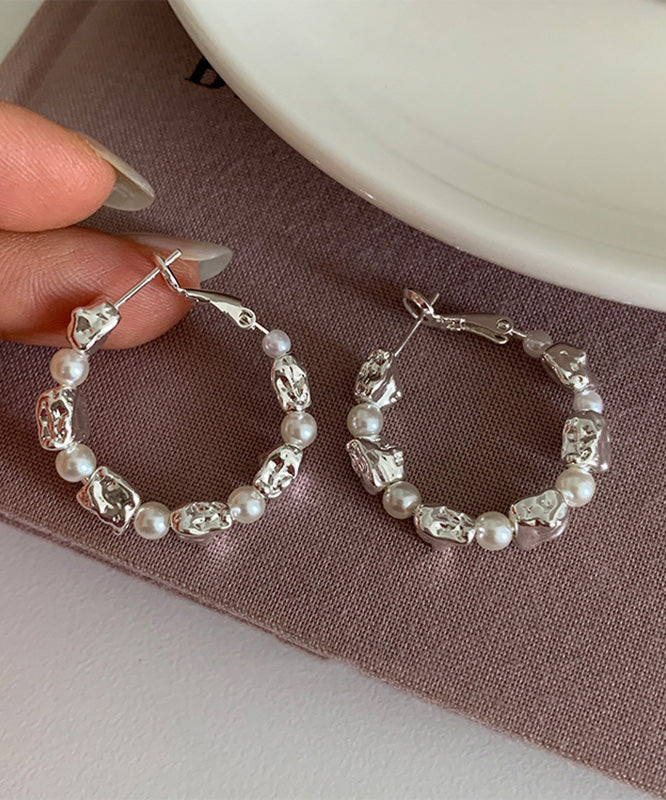 Silk Sterling Silver Alloy Pearl Hoop Earrings