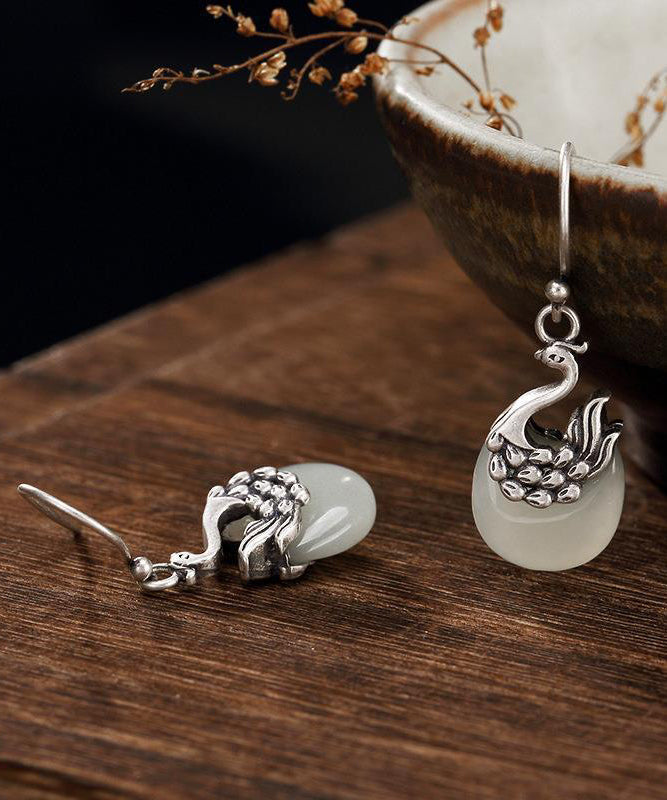 Sterling Silver Legendary Phoenix Jade Drop Earrings