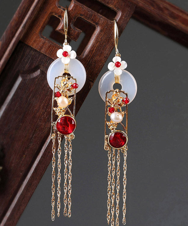White Copper Jade Agate Pearl Tassel Drop Earrings