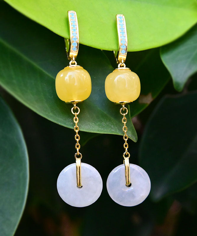 Yellow Sterling Silver Overgild Jade Beeswax Drop Earrings
