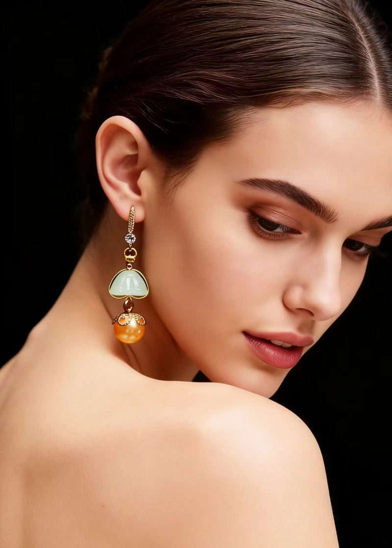 Boutique Champagne Pearl Lotus Seedpod Jade Drop Earrings