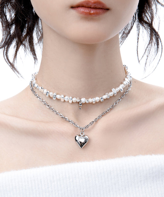 Boutique Pearl Love Heart Pendant Two Piece Set Alloy Necklace