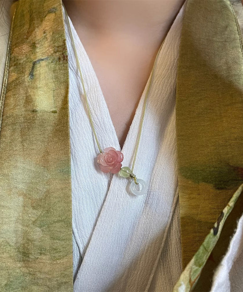 Boutique Pink Hand Woven Jade Lotus Pendant Necklace Gh1084