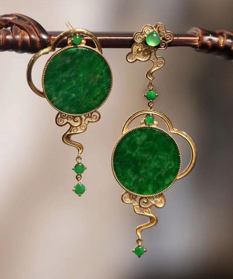 Boutique Retro Green Jade Patchwork 14k Drop Earrings