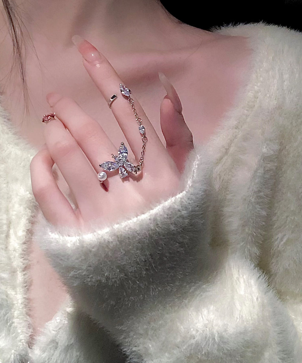 Boutique White Alloy Zircon Butterfly Tassel Rings Gh1077