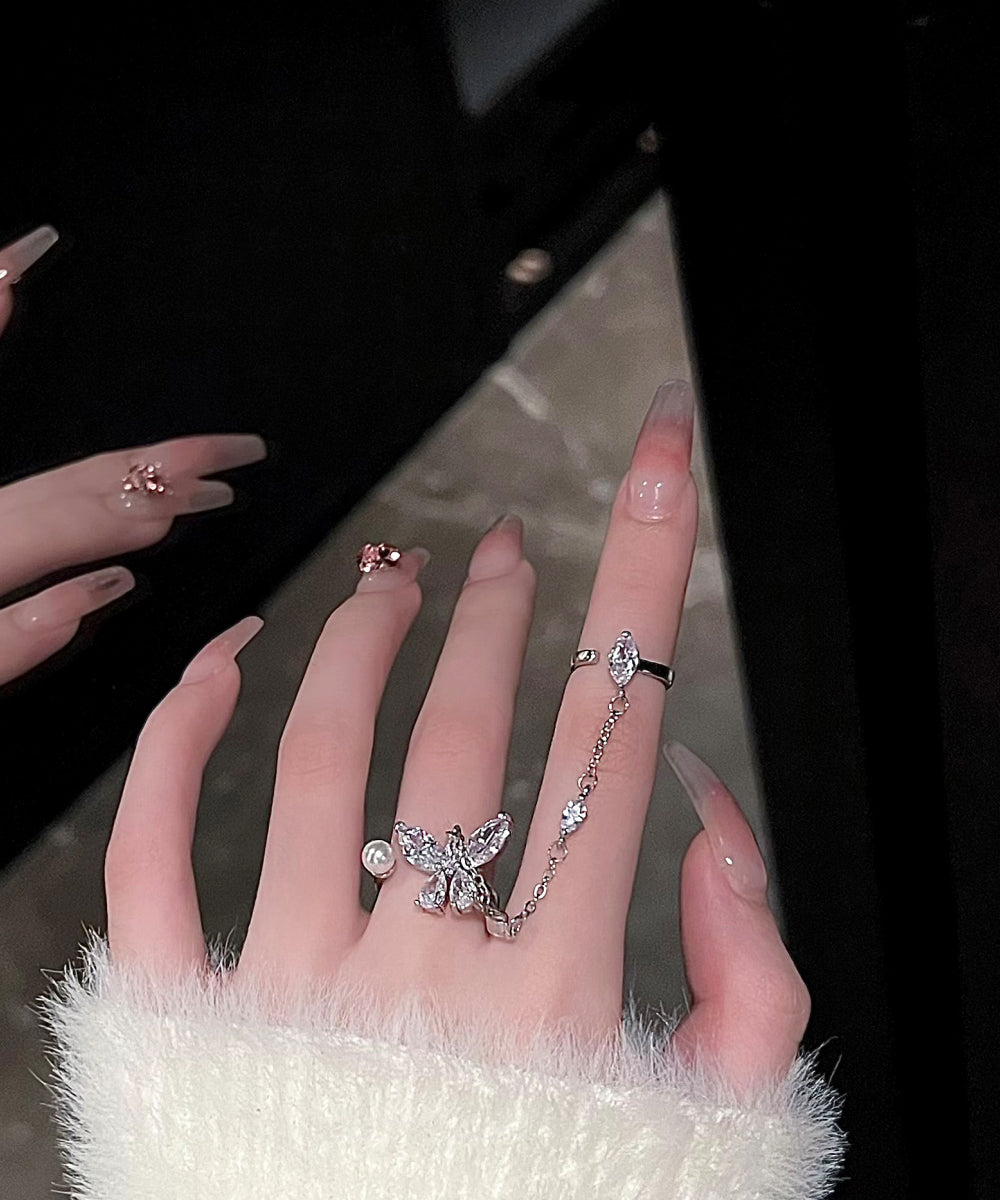 Boutique White Alloy Zircon Butterfly Tassel Rings Gh1077