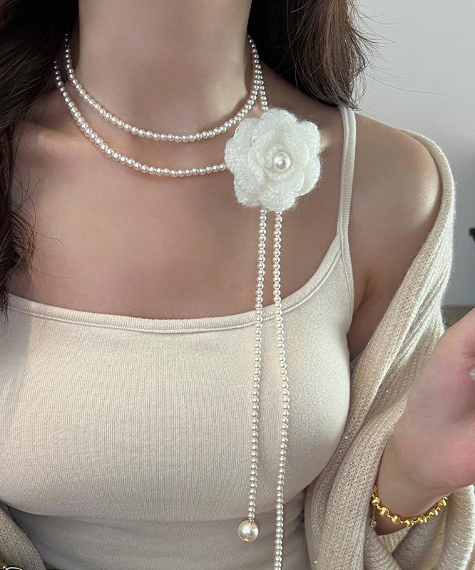 Brief White Alloy Camellia Pearl Beading Double Layered Pendant Necklace Yu023