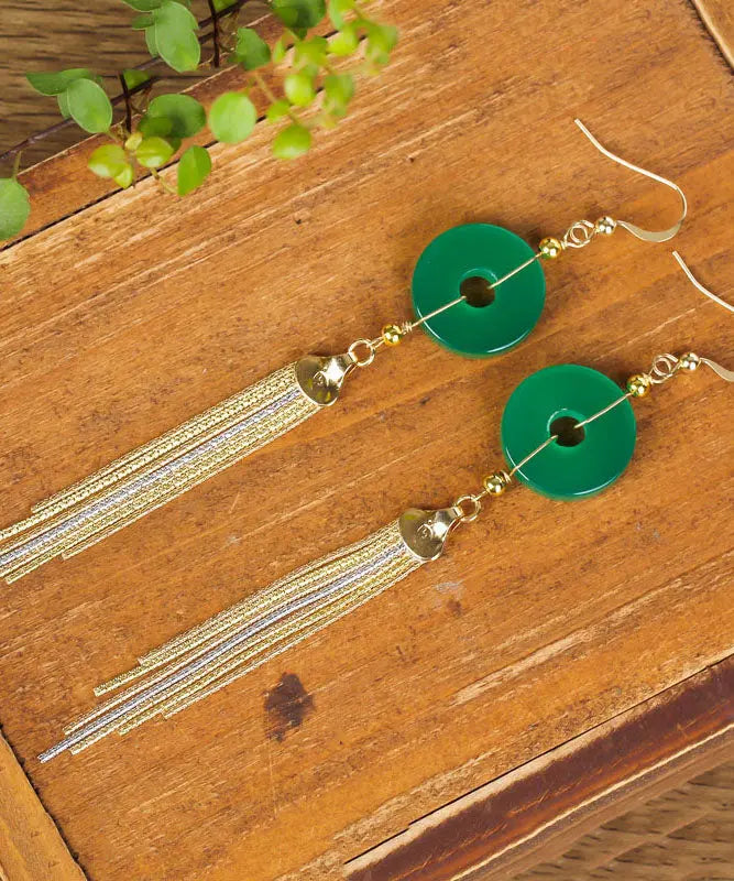 14k Gold Ping Buckle Chalcedony Tassel Drop Earrings