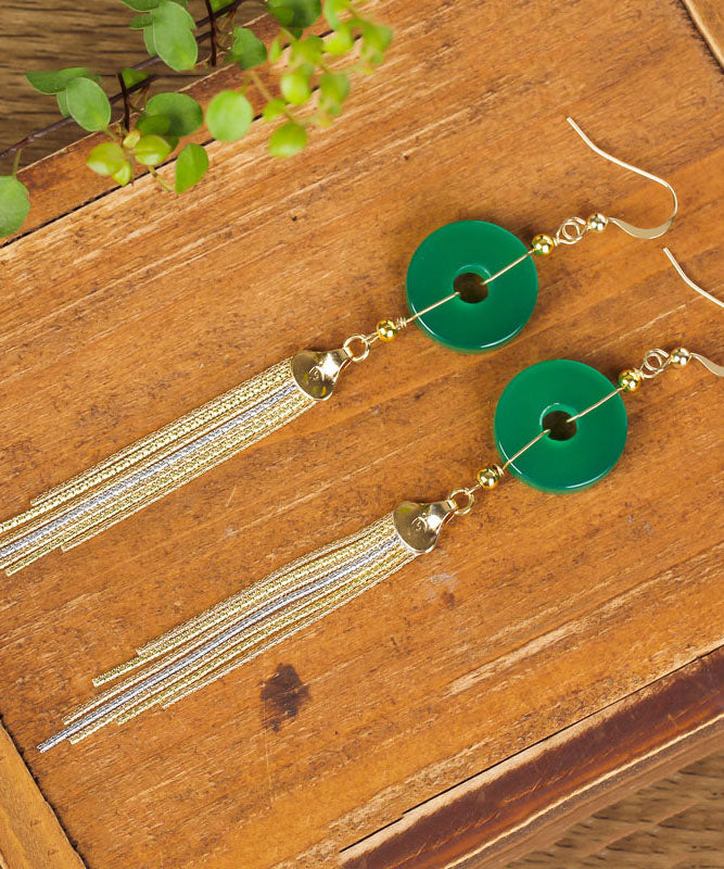 Green 14k Gold Ping Buckle Chalcedony Tassel Drop Earrings