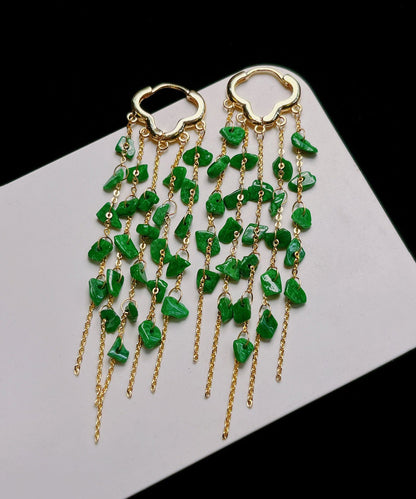 Green Sterling Silver 14k Gold Jade Tassel Drop Earrings Kx1003