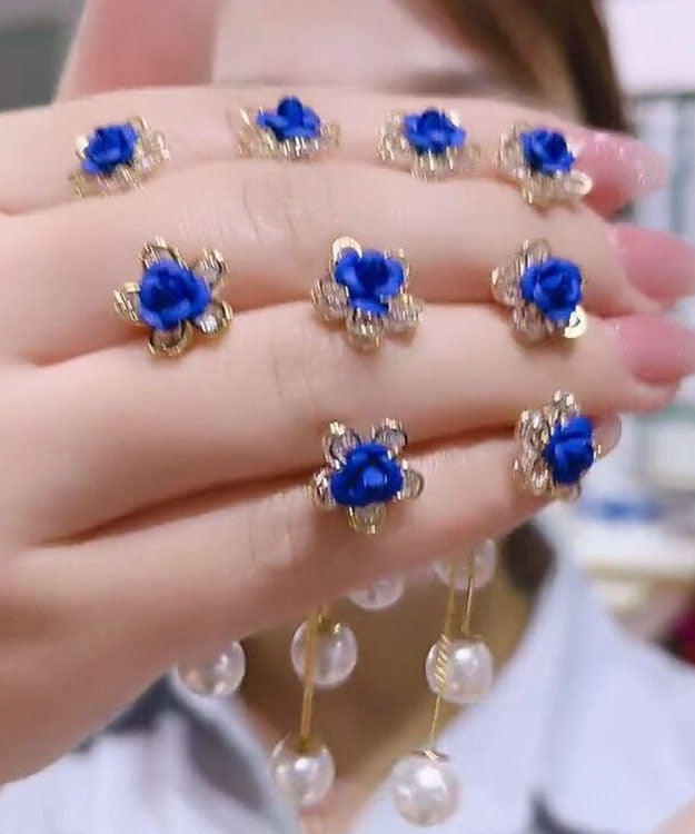 Blue Alloy Zircon Pearl Tassel Drop Earrings