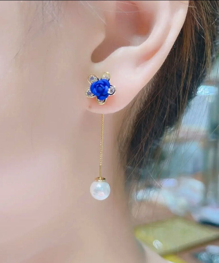 Blue Alloy Zircon Pearl Tassel Drop Earrings