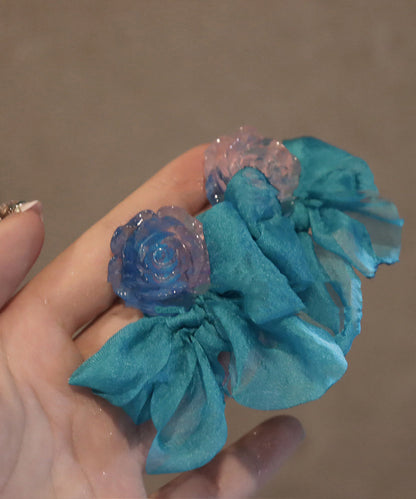 Patchwork Hoop Blue Bow Resin Chiffon Earrings