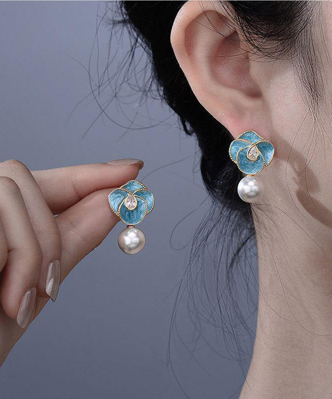 Blue Copper Alloy Pearl Enamel Drop Earrings