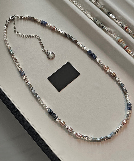 Blue Square Stringing Beads Adjustable Silver Necklace