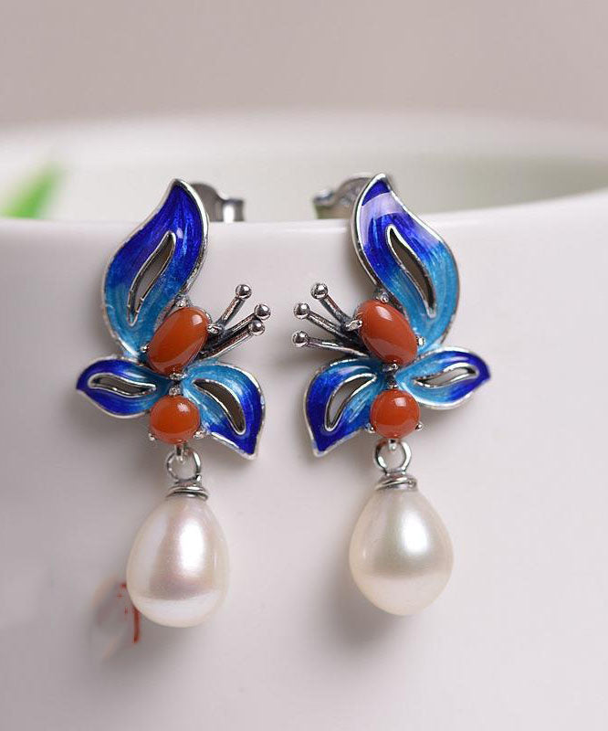 Blue Sterling Silver Cloisonne Jade Pearl Butterfly Stud Earrings