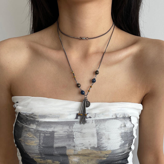 Bronze Metal Beading Tassel Pendant Necklace