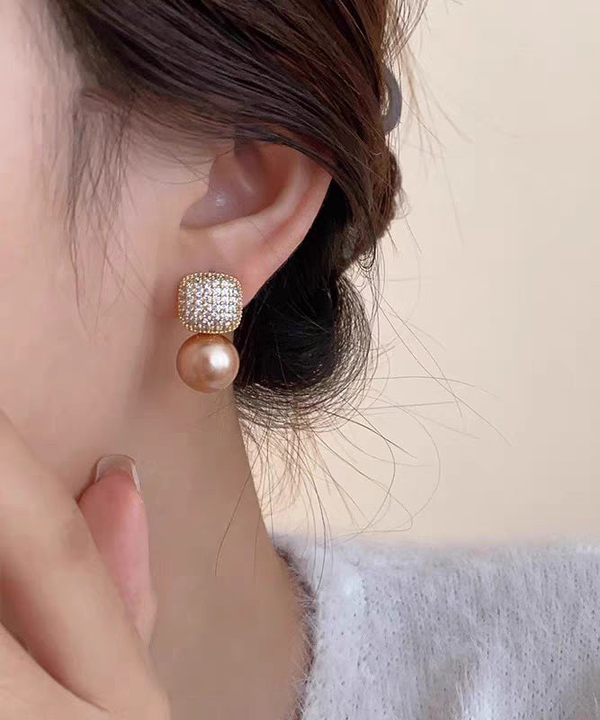 Champagne Copper Overgild Zircon Pearl Stud Earrings