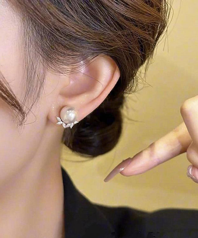 Copper Zircon Pearl Leaf Stud Earrings