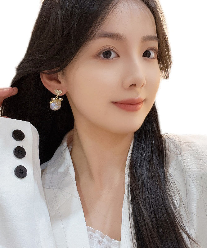Gold Alloy Zircon Pearl Bow Love Drop Earrings