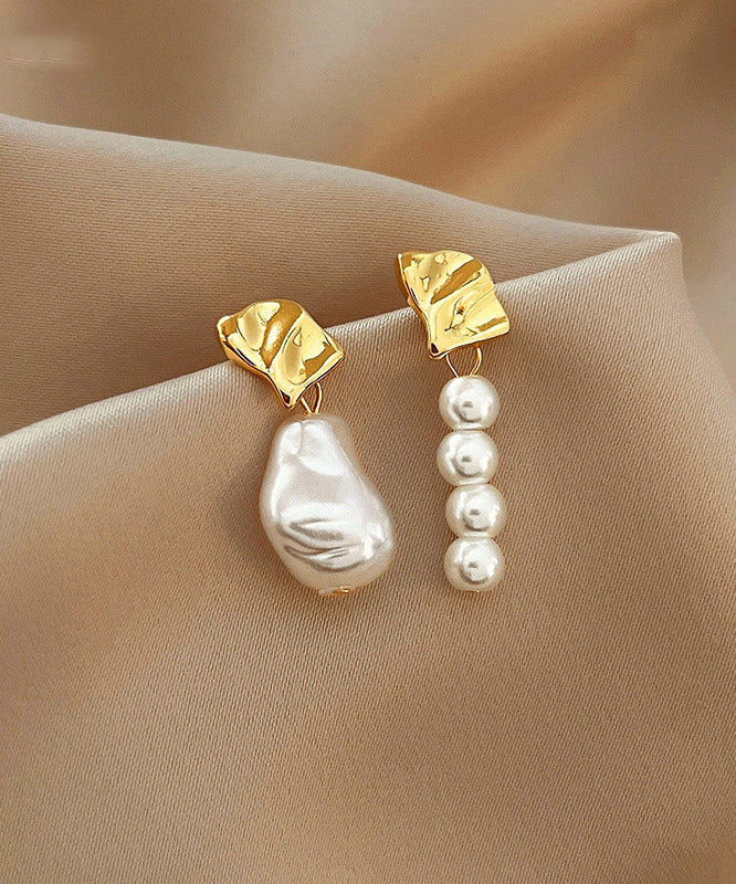 Gold Copper Alloy Asymmetric Pearl Drop Earrings
