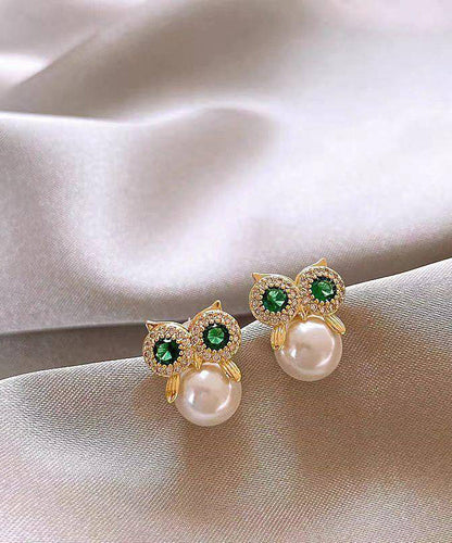 Gold Copper Alloy Zircon Owl Pearl Stud Earrings