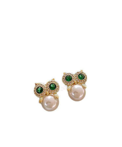 Gold Copper Alloy Zircon Owl Pearl Stud Earrings