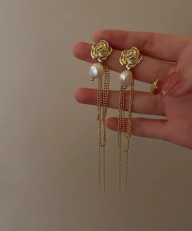 Gold Overgild Pearl Long Tassel Drop Earrings