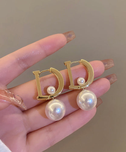 Gold Sterling Silver Alloy Pearl Letter Drop Earrings Kx1054